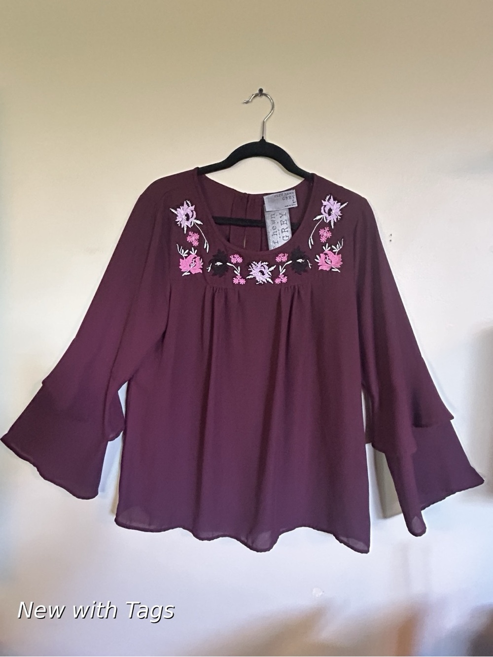 Ruff Hewn Plum Embroidered Bell-Sleeve Tunic NEW with tags